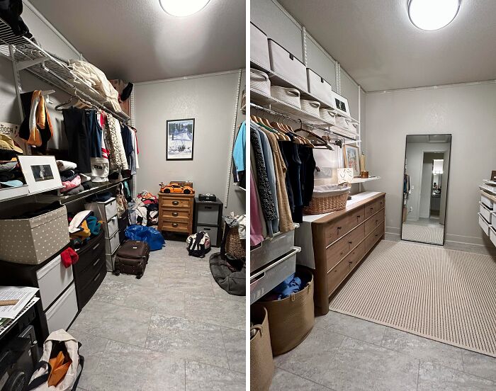 Before and after photos of a closet room showing satisfying room cleaning and organized storage solutions.