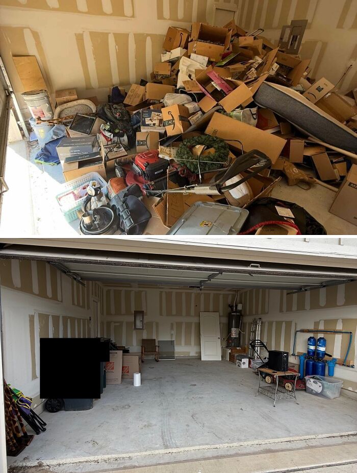 Garage cluttered with boxes and items before cleaning, then shown spotless and organized in satisfying room cleaning pics.