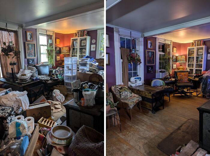 Living room before and after being cleaned, showing a cluttered space transformed into an organized and tidy room.