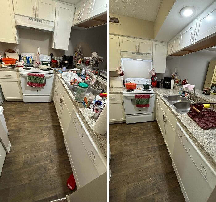 Kitchen before and after being cleaned showing clear countertops and organized space with main SEO keyword satisfying rooms.