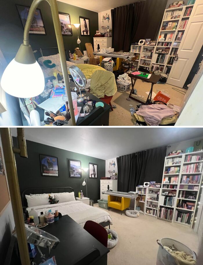 Room before and after being cleaned, showing a cluttered messy space transformed into a neat and organized living area.