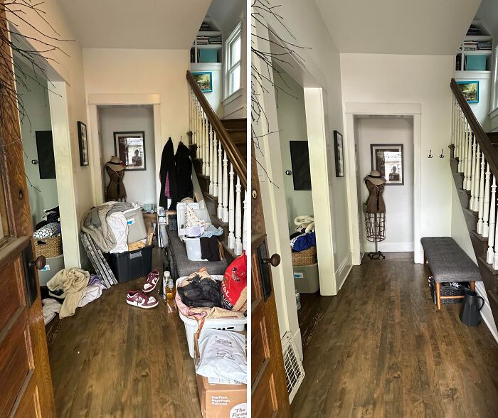 Before and after cleaning transformation of a cluttered room into a neat and organized space with tidy floors and furniture.