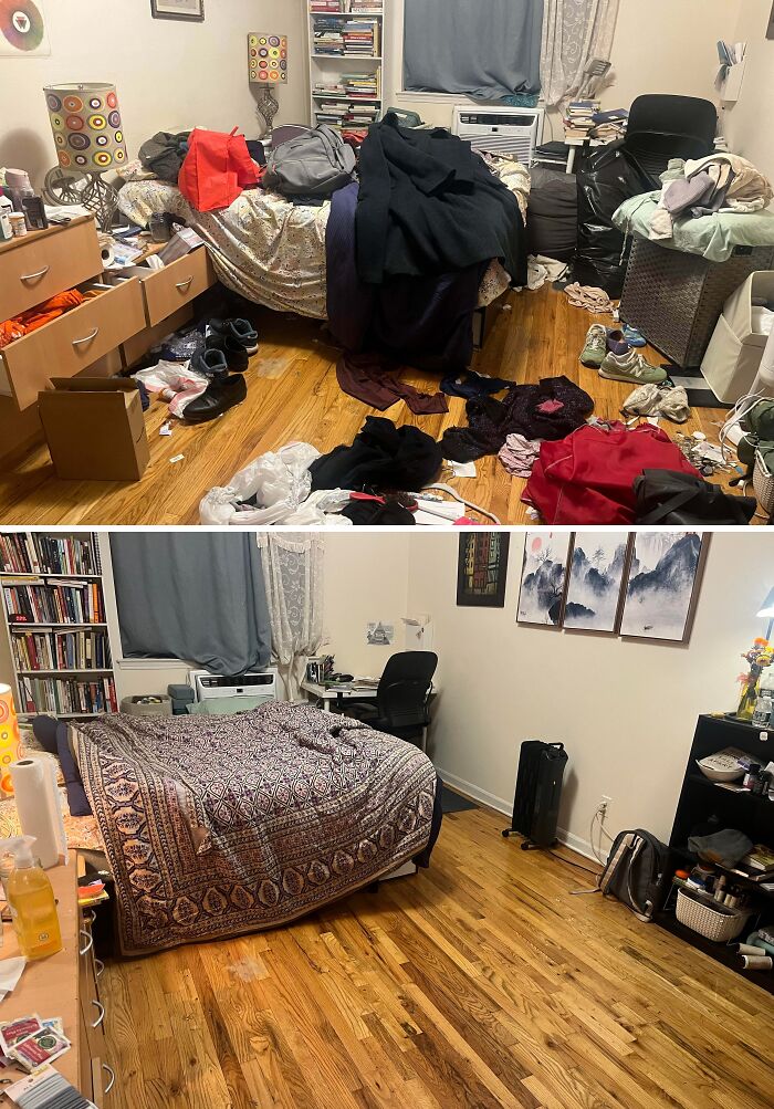 Messy bedroom before and after being cleaned, showcasing satisfying room transformation and organization with tidy floors and furniture.