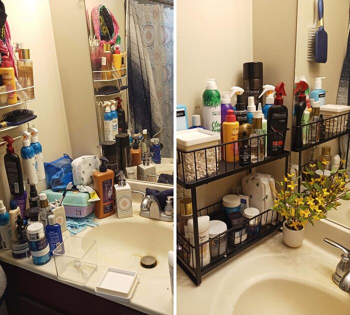 Bathroom sink area before and after being cleaned and organized with bathroom products and accessories neatly arranged.