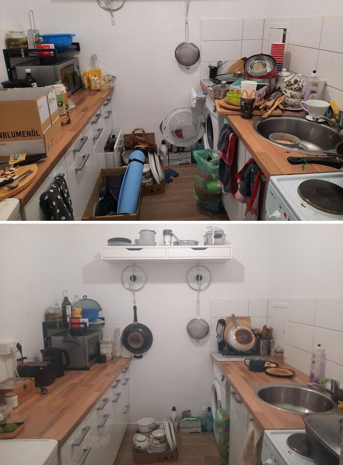 Messy kitchen before and after being cleaned, showcasing a satisfying room transformation and organized countertops and shelves.