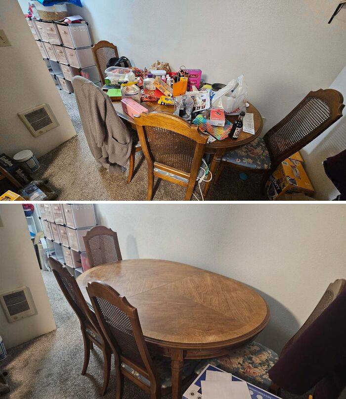 Dining room before and after being cleaned showing a clear transformation in room tidiness and organization.