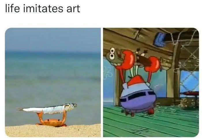 Crab holding a fish and cartoon crab lifting a man, humorously illustrating funny memes to help disassociate.