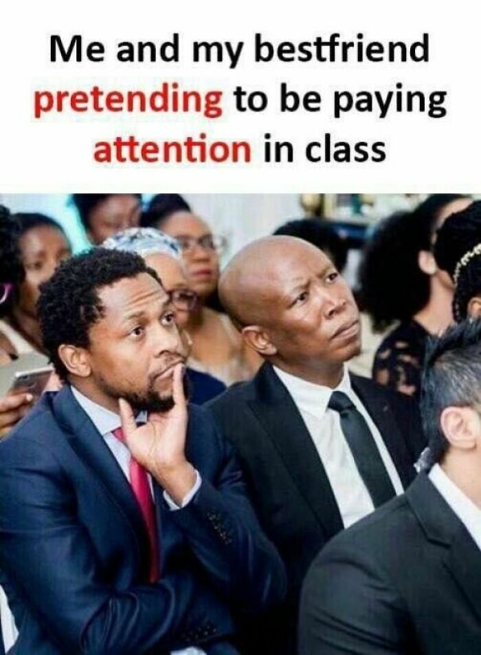 Two men in suits looking serious and confused, humorously pretending to pay attention, funny memes for disassociate concept.