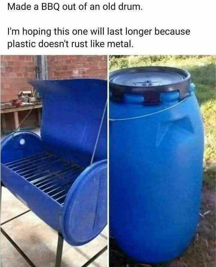 BBQ made from a plastic drum, highlighting a funny meme about disassociate humor with a creative grilling idea.