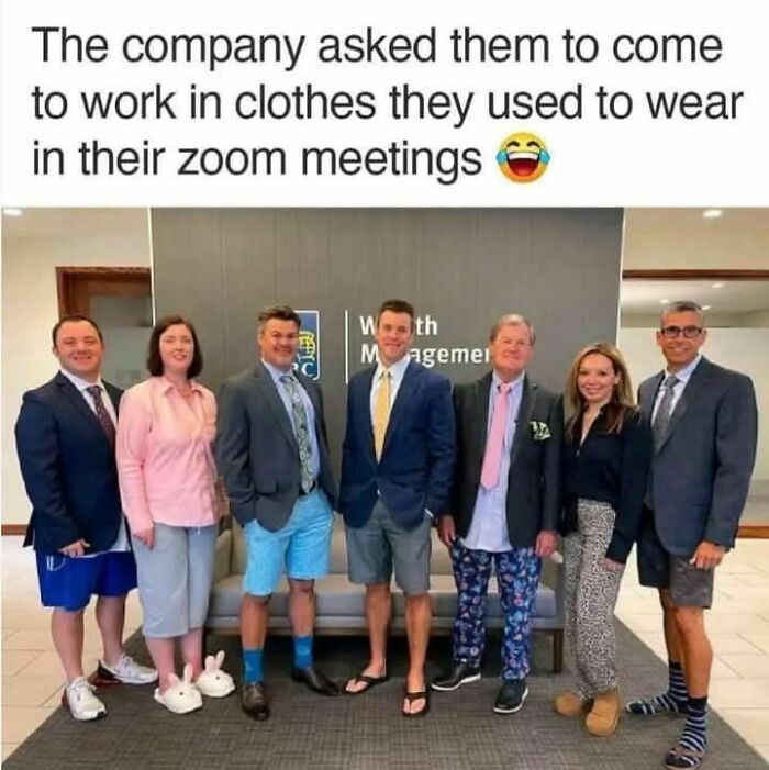 Office workers dressed in business tops and casual bottoms, a funny meme illustrating disassociate humor.