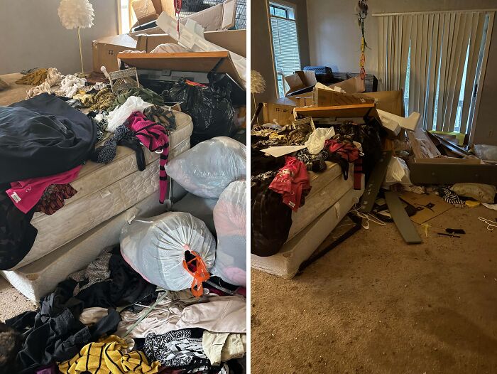 Cluttered room with piles of clothes and trash bags, showing a messy before and after cleaning comparison.