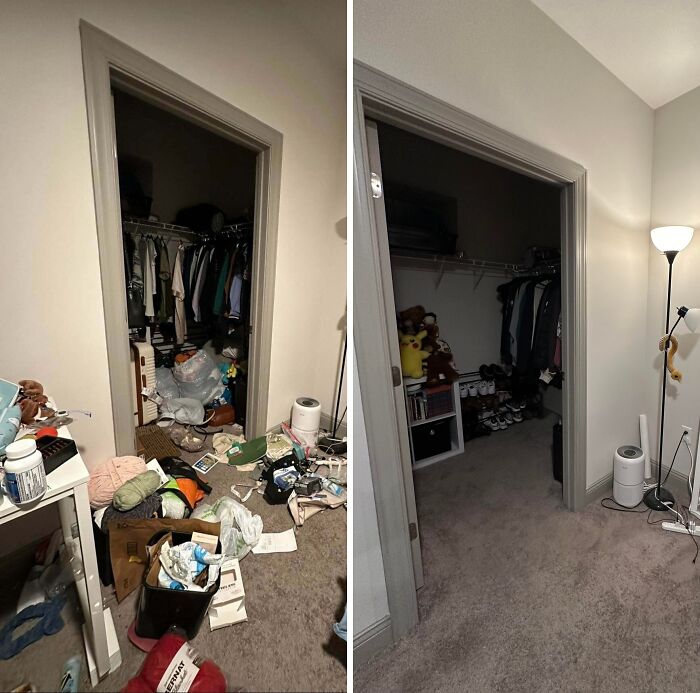 Closet and room before and after cleaning showing organized clothes and tidy floor in satisfying room transformation.