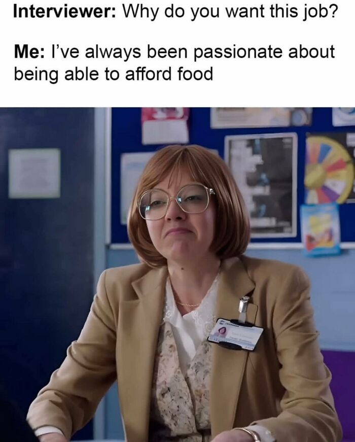 Woman wearing glasses and a brown blazer in an interview meme about disassociating with humor and funny memes.