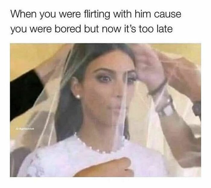 Woman with a bridal veil looking concerned, a funny meme about flirting gone wrong helping you disassociate in a fun way.