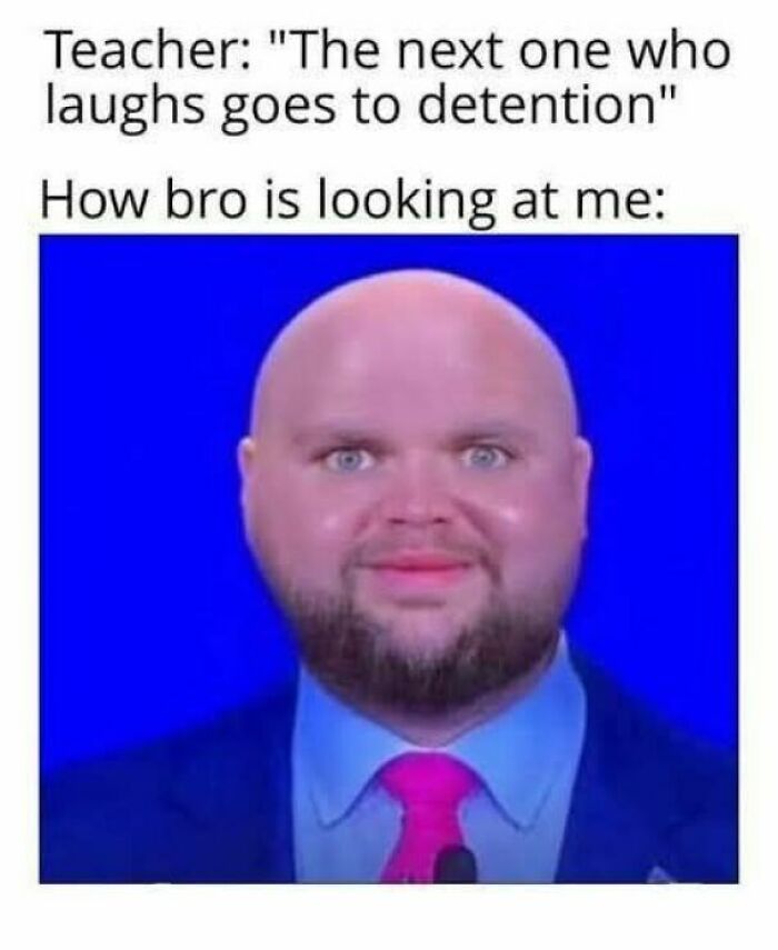 Man with bald head and beard staring intensely in a funny meme about disassociate and detention warnings.