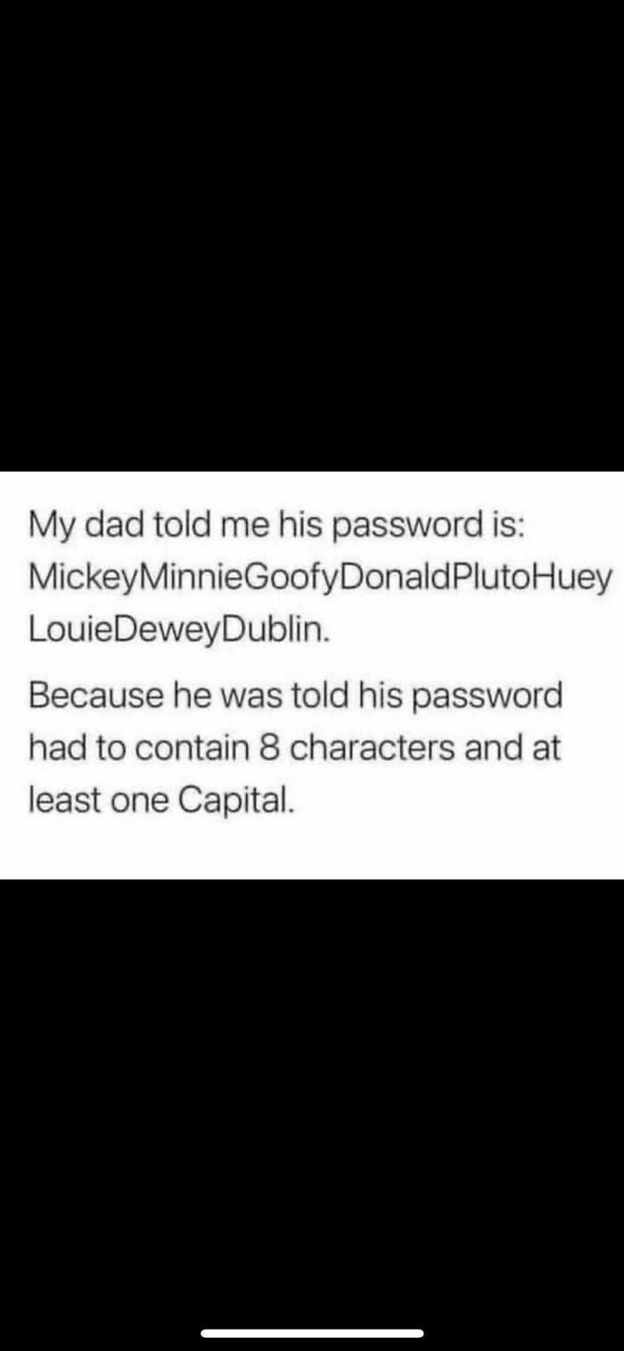Text meme showing a joke about a password with more than eight characters and one capital letter for funny memes.