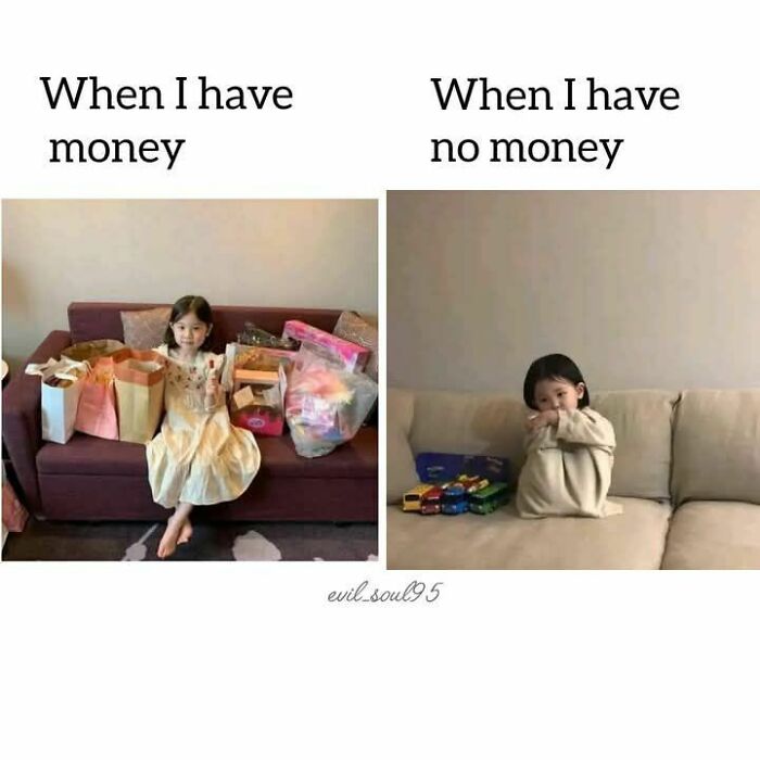 Child showing difference in spending with and without money, a funny meme to help disassociate in a fun way.