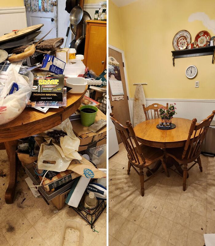 Split image showing a kitchen room before and after being cleaned, highlighting satisfying room transformation.