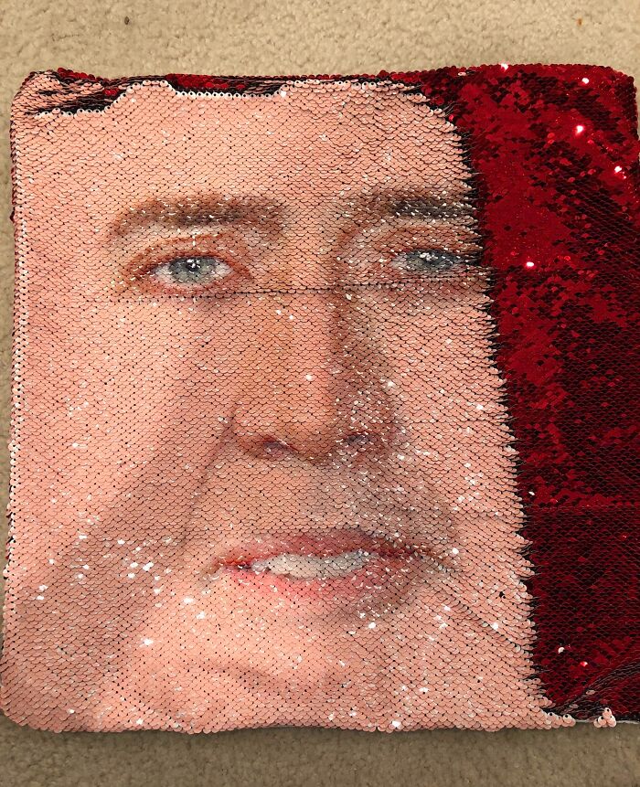 Sequin pillow with a bizarre face design that changes when flipped, one of the most bizarre Christmas gifts people received.