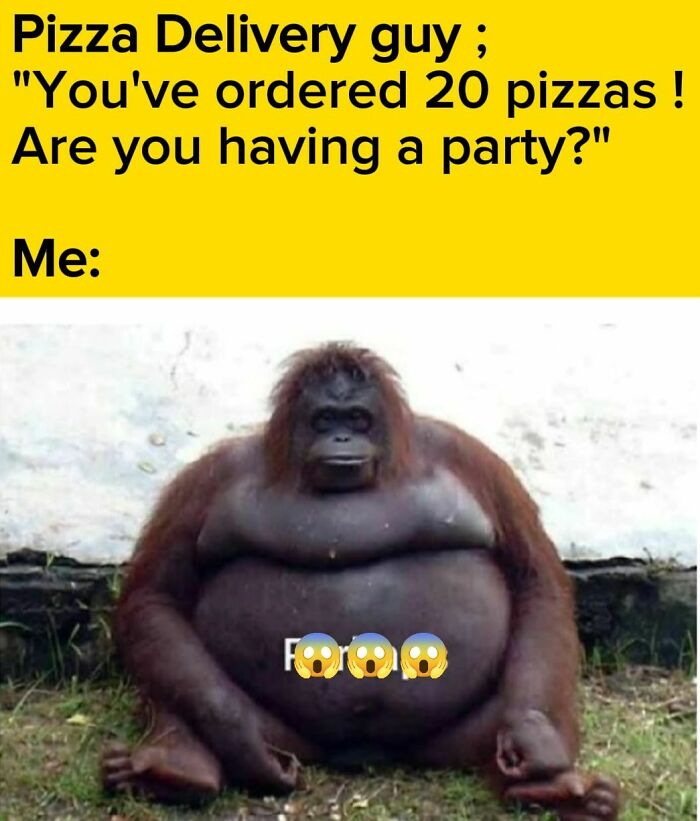 Funny meme showing an orangutan with shocked emojis, illustrating disassociate humor related to pizza delivery and parties.