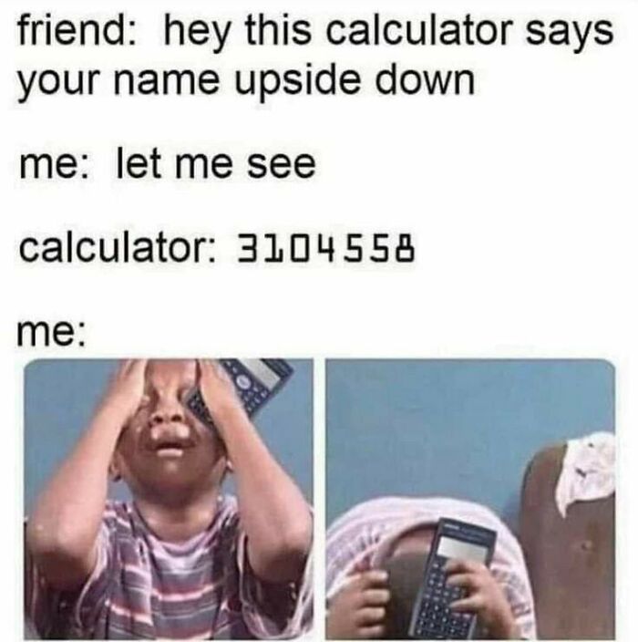 Child holding a calculator upside down, reacting with frustration, illustrating funny memes to help you disassociate.