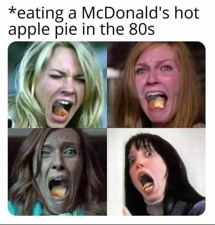 Four women with exaggerated surprised faces, each photoshopped with a McDonald’s hot apple pie in their mouths, funny memes about disassociation.