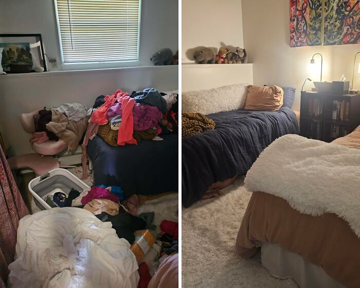 Room before and after being cleaned showing a clear, organized space with tidy beds and soft lighting.