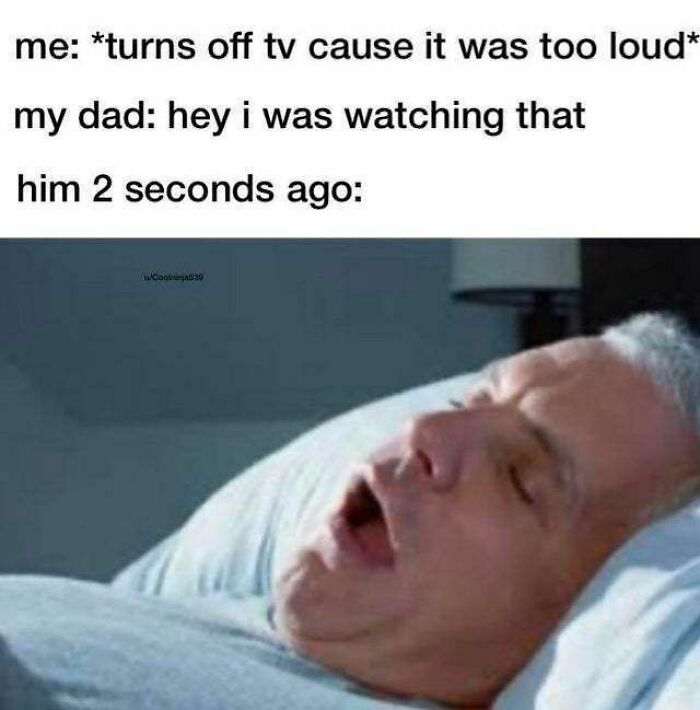 Man sleeping with mouth open in bed, illustrating a funny meme about disassociation and ignoring loud TV noise.