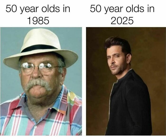 Comparison of 50 year olds in 1985 and 2025 showing change in style and appearance for funny memes about disassociate.