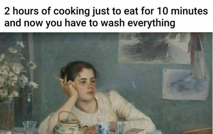 Woman resting her head on hand looking tired next to teapot and cups, representing funny memes to help you disassociate.