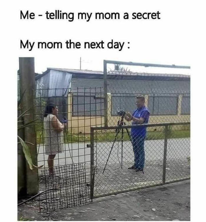 Woman telling a secret to a man with a camera outside a fenced yard, funny meme about disassociate humor.
