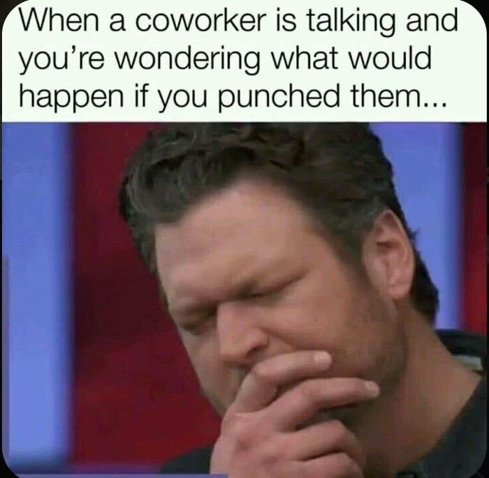 Man with furrowed brow and hand on chin, deep in thought, paired with a funny meme about disassociation and coworkers.