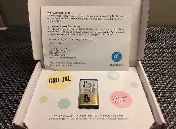 Small battery in a gift box with a safety note, one of the most bizarre things people received as Christmas gifts.