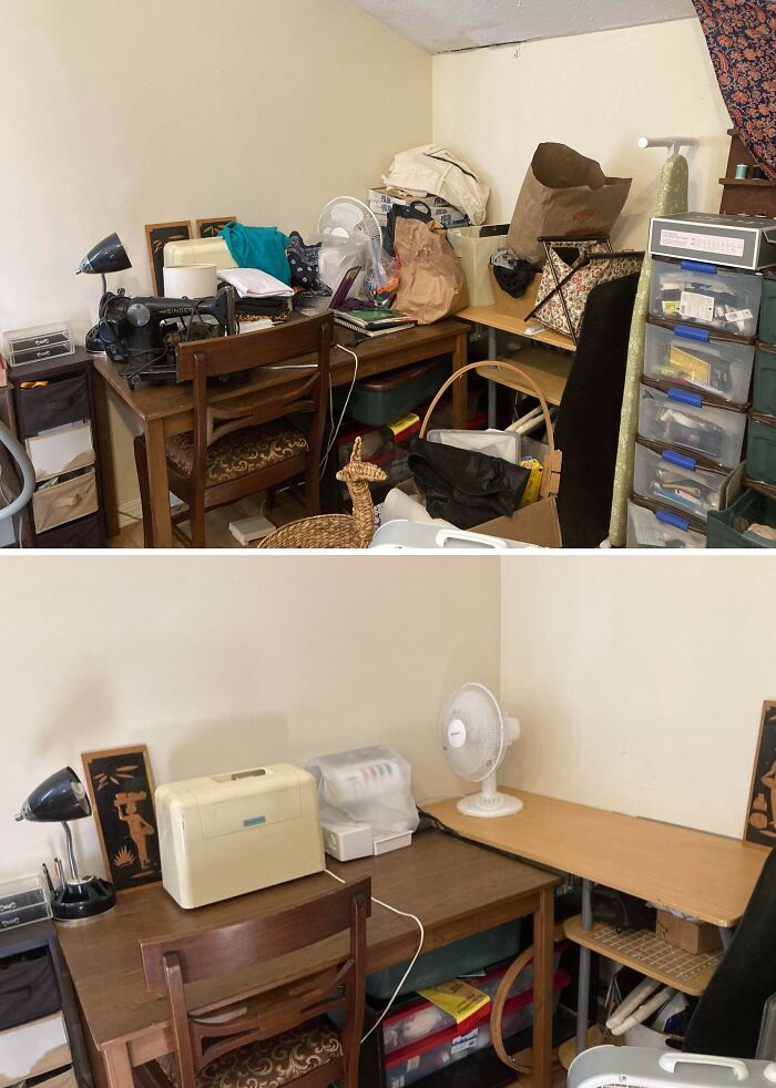 Before and after cleaning photos of a cluttered room transformed into a neat and organized space.