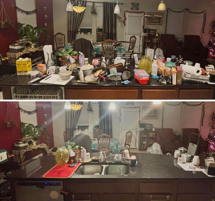 Before and after image of a kitchen counter cluttered with dishes and cleaned, demonstrating satisfying room cleaning transformation.