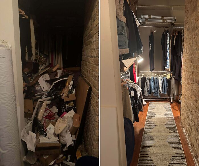 Closet before and after being cleaned, showing a cluttered space transformed into a neat and organized room with hanging clothes.