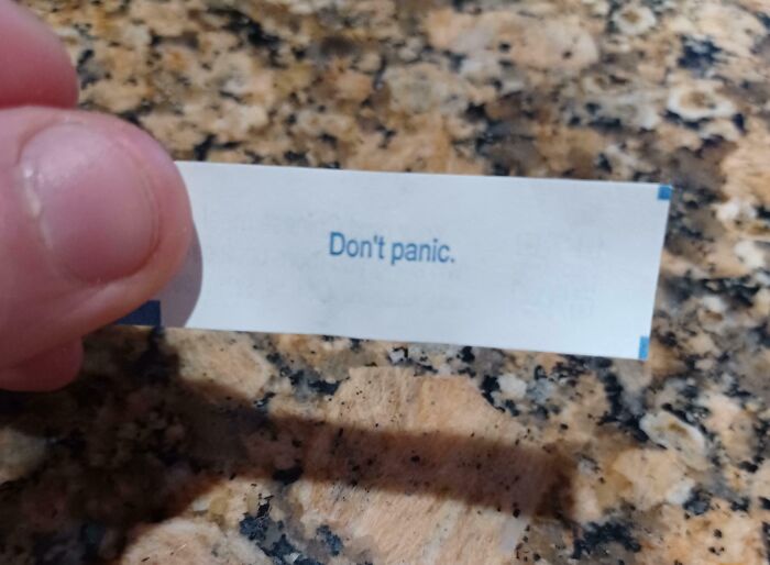 Hand holding a fortune cookie slip that reads Don't panic, a funny picture capturing the weirdness of 2025 moments.