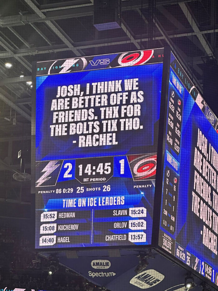 Hockey scoreboard displaying a funny message about friendship and game stats, capturing the weirdness of 2025.