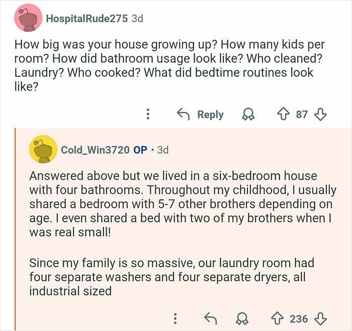 Screenshot of a Reddit Q&A where a man with 21 siblings describes living in a large house with shared bedrooms and industrial laundry.