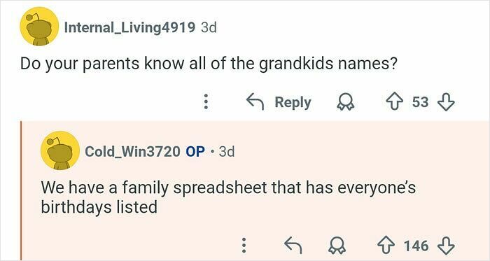 Screenshot of a Reddit thread where a man with 21 siblings explains managing family birthdays on a spreadsheet.