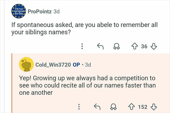 Screenshot of an online Q&A where a man with 21 siblings explains competing to remember all their names quickly.