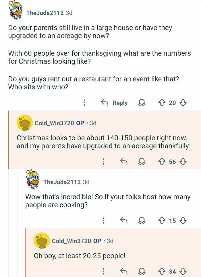 Reddit conversation showing a man who has 21 siblings discussing large family gatherings and holiday plans.