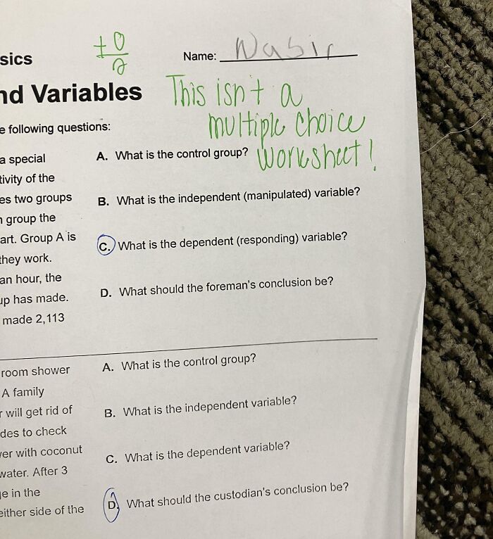 Funny picture of a student’s science worksheet with a humorous handwritten comment capturing the weirdness of last year.