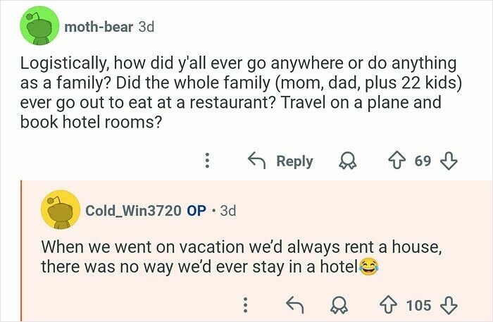 Man who has 21 siblings explains family travel logistics and why they never stayed in hotels on vacation.