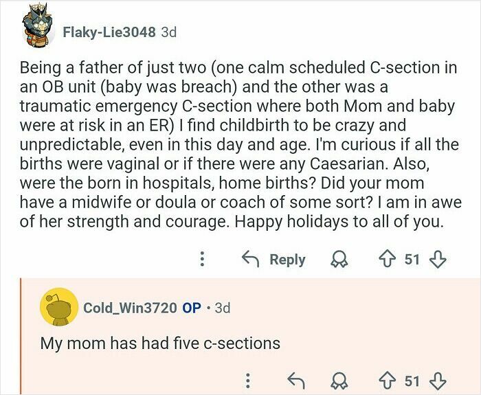 Reddit user with 21 siblings answers questions about childbirth experiences and family life in a discussion thread.