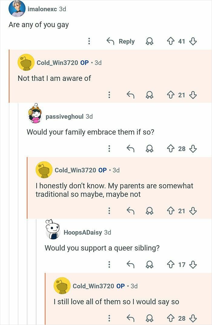 Reddit user with 21 siblings answers questions about family support and acceptance in a candid discussion thread.