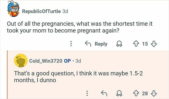 Screenshot of Reddit Q&A where a man with 21 siblings answers questions about his family life and pregnancies duration.