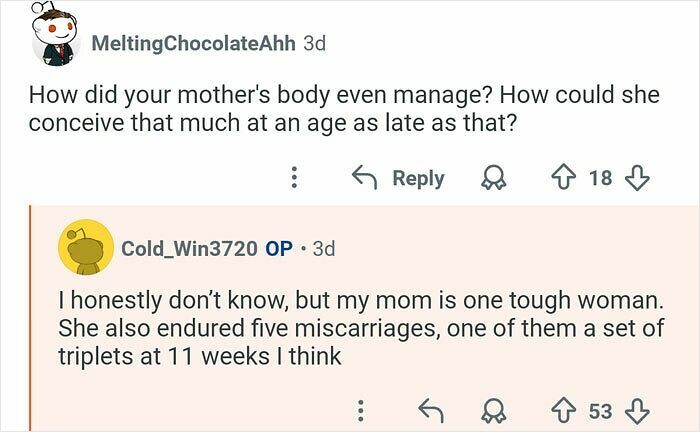 Reddit user with 21 siblings shares how his mother managed multiple pregnancies, including miscarriages and triplets.