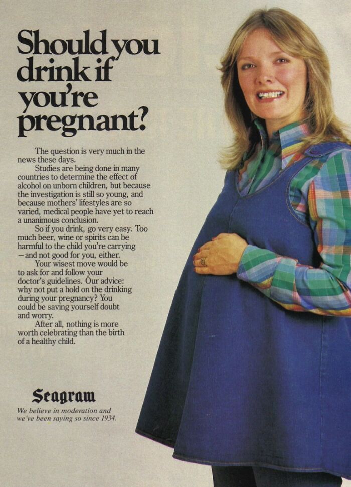 Vintage ad featuring a pregnant woman with text discussing drinking alcohol during pregnancy and marketing from the past.