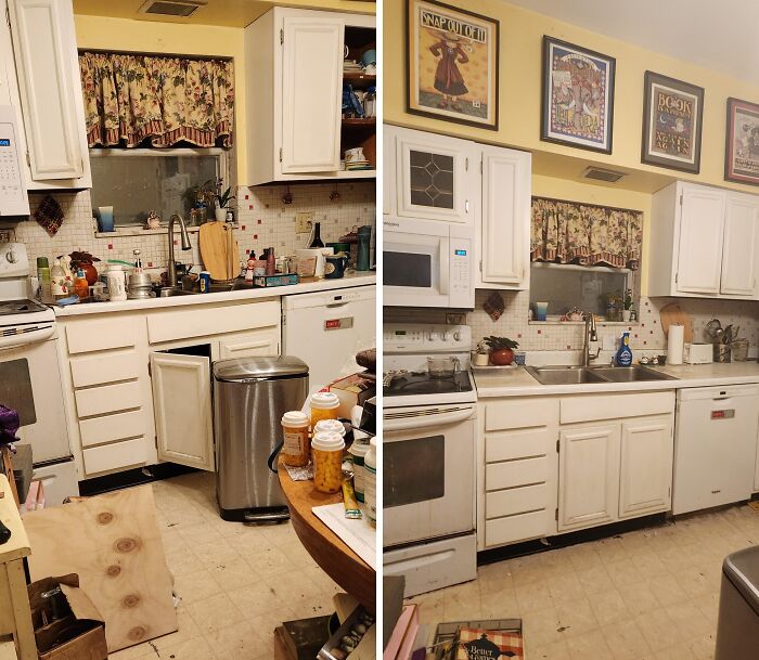 Side-by-side before and after images of a kitchen showcasing satisfying room cleaning and organization results